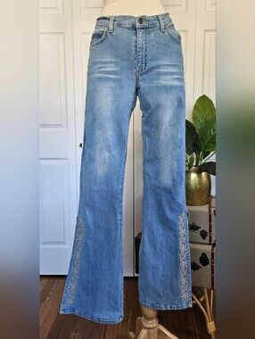 Sharagano Boho Vintage 90s-Y2K Mid-Rise Embroidered Slit Hem Flare Jeans Size L